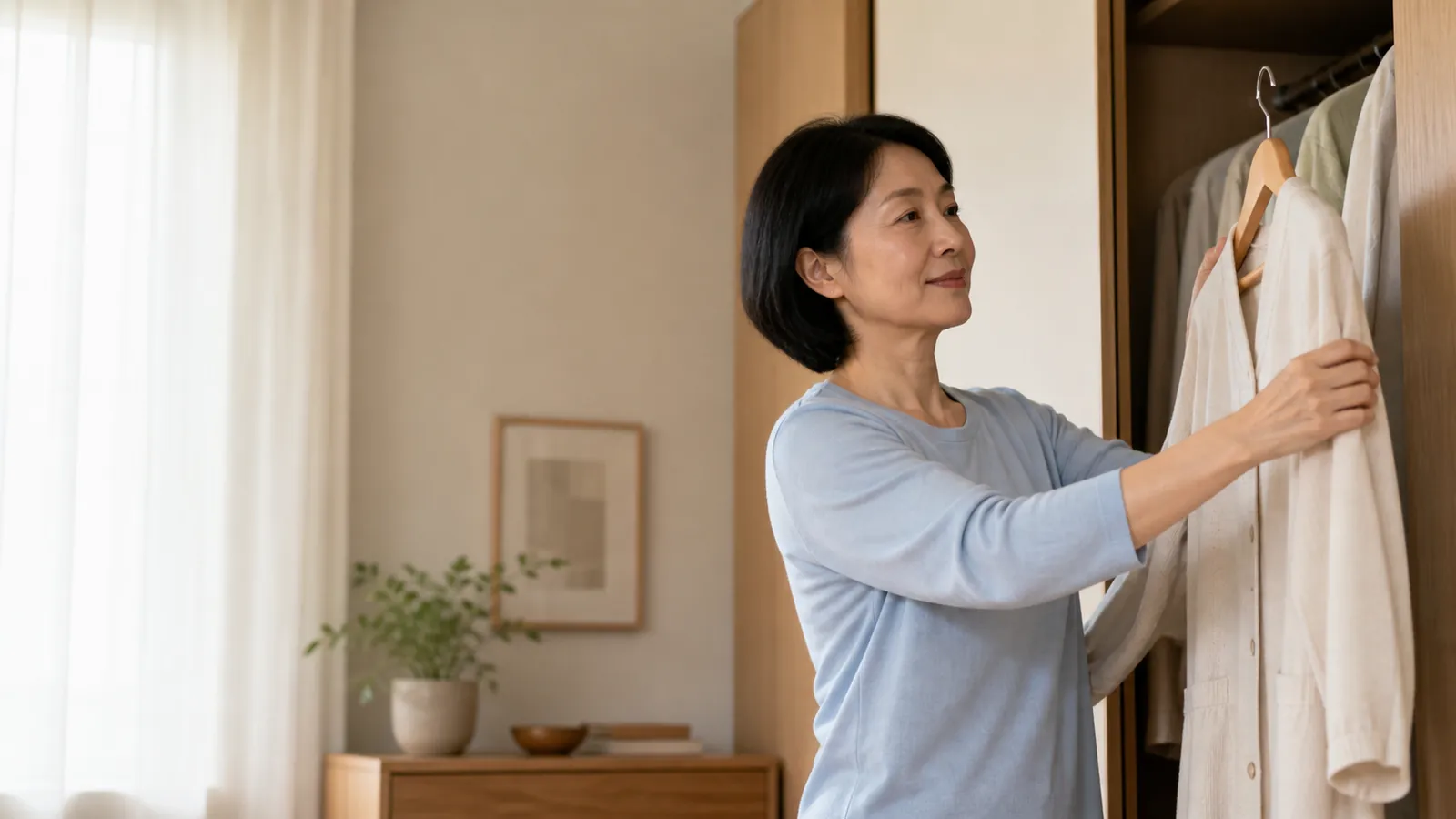 東亞女性在家中整理衣櫃