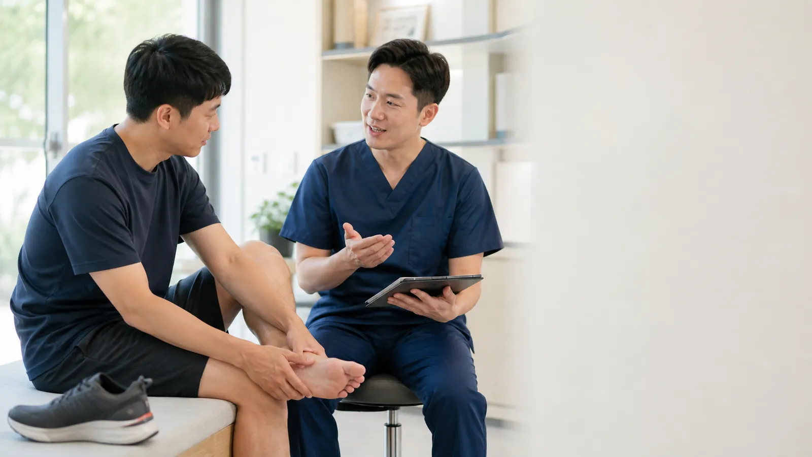 東亞男性與專業人員討論腳跟不適